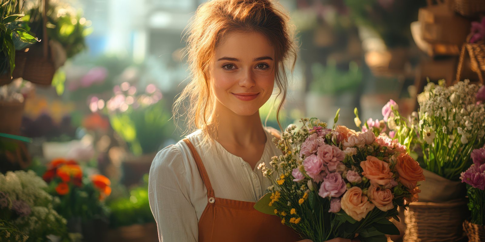 Young woman holds vibrant bouquet in a charming flower shop during daylight hours